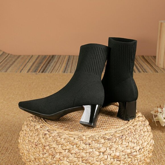 Women's Black Dressy Comfy Knit Sock Square Toe Chunky Heel Slip On Booties - Picture 6 of 6